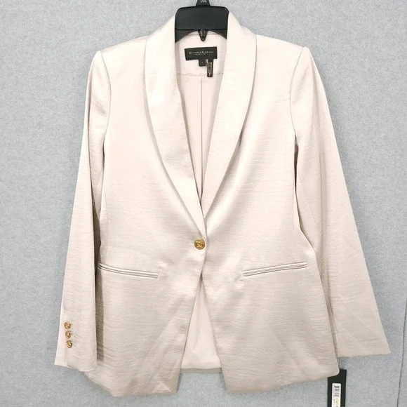 Donna Karan Satin Gold Ivory One Button Lined Shawl Collar Blazer Suit Womens 4 - Picture 2 of 12
